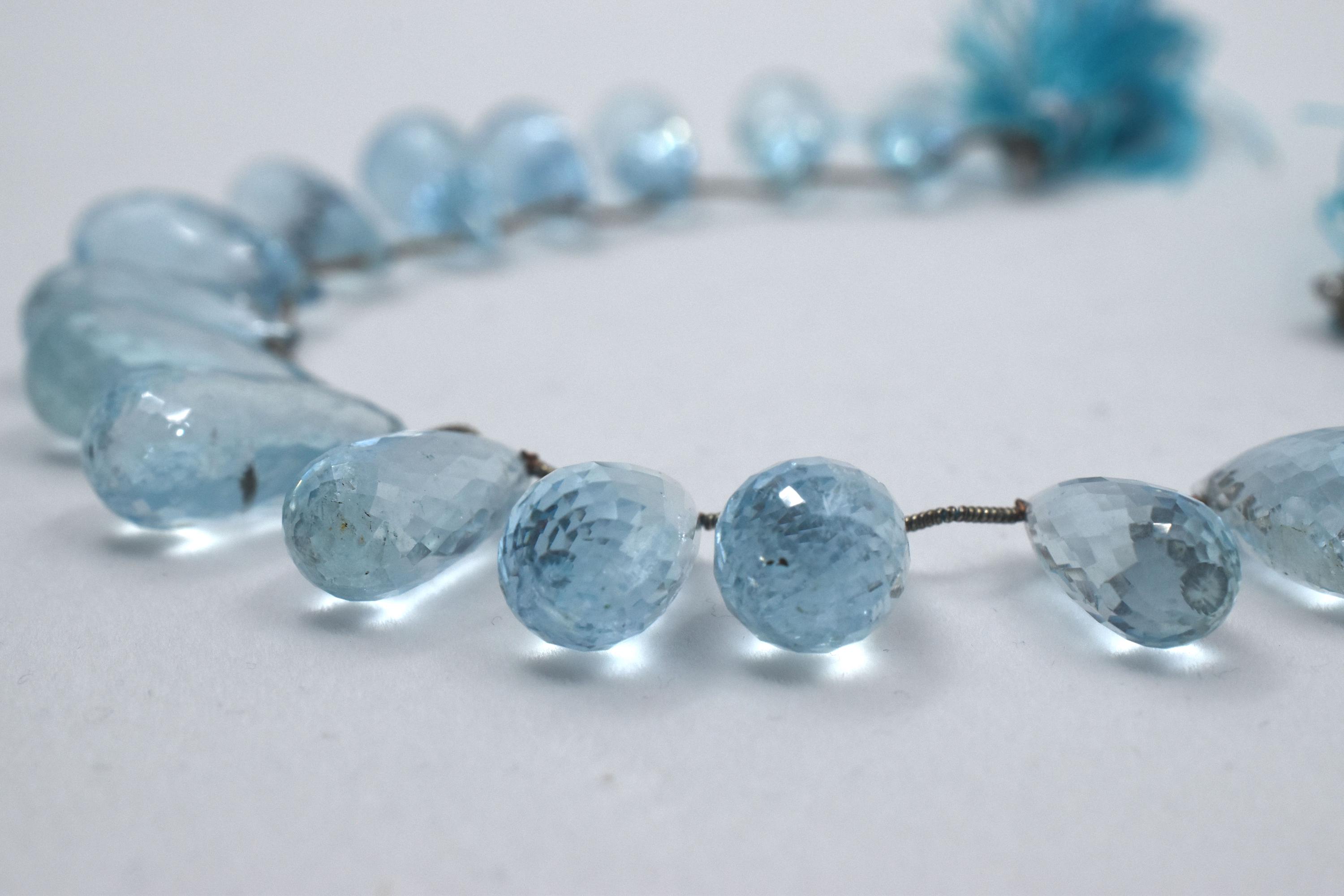 129 Cts 7x15mm Natural Aquamarine Faceted Briolette String W/ Blue