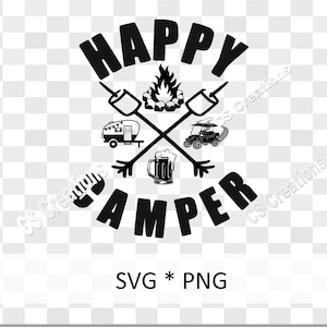 ハッピーキャンパー SVG/PNG | ゴルフカート | キャンプファイヤー | チキンウィング | ビール | スモア | マシュマロ焼き