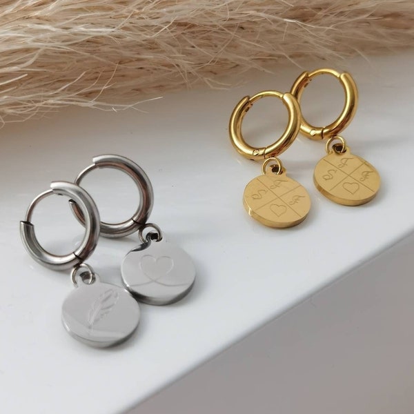 Personalized earrings with plate pendants in gold & silver made of stainless steel, hoop earrings with engraving as a personalized wedding gift