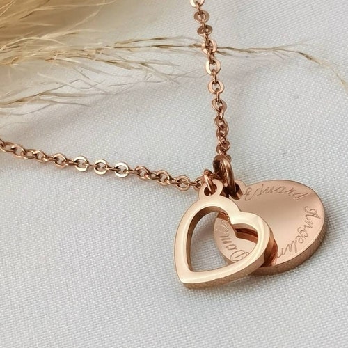 Rose Gold Necklace With Engraving on Heart Pendant and Crystal Etsy