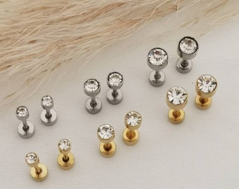 1 pair of zirconia stud earrings with screw clasp in gold and silver made of stainless steel, screw earrings, earrings with screw clasp