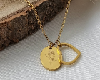 Herz Kette mit ovalem Gravur Plättchen personalisiert in Gold,Silber,Rosé|Personalisierte Geburtsblumen Kette|Weihnachtsgeschenk Frau