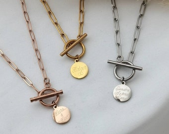 Personalized necklace with toggle clasp and 12 mm engraved plate in gold, rose or silver made of stainless steel, personalized gift