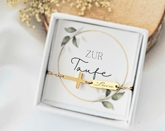 Personalisiertes Tauf Armband in Gold,Silber,Rosé|Armband mit Kreuz und Gravur Plättchen|Geschenk zur Kommunion|Geschenk Konfirmation