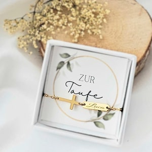 Personalized baptism bracelet in gold, silver, rose gold | Bracelet with cross and engraved plate | Communion gift | Confirmation gift