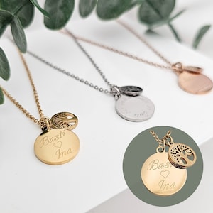Levensboom ketting met gravure hanger, brief ketting, gepersonaliseerd cadeau, naam ketting, levensboom ketting goud, zilver, rosé
