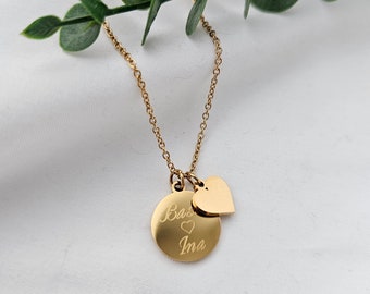 Personalized heart necklace with engraved plate pendant in gold, silver, rose, letter chain gold, personalized gift mom