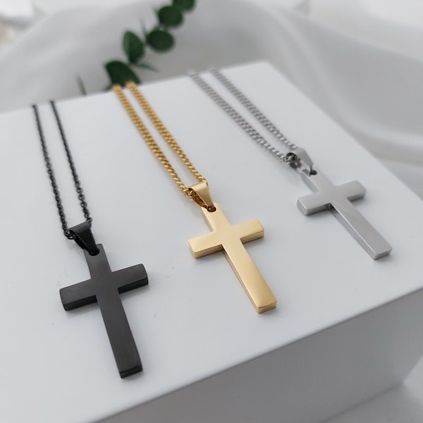 Herren Kreuz Kette personalisiert mit Gravur in Gold,Silber & Schwarz, Herren Kette mit Kreuz Anhänger personalisiert als Geschenk