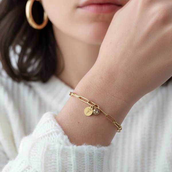 Personalisiertes Geburtsstein Armband in Gold,Silber,Rosé,Gravur Armband mit Plättchen Anhänger,Geschenk für Frau,beste Freundin,Geburtstag