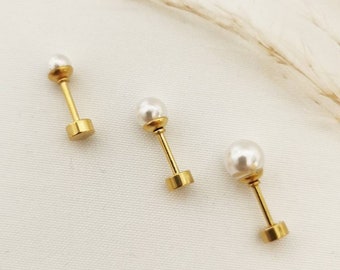 1 Paar Perlen Ohrring mit Schraubverschluss in Gold und Silber aus Edelstahl,Piercing Stecker zum Schrauben mit Perle in Gold und Silber