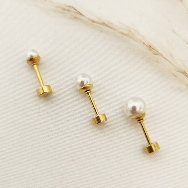 1 Paar Perlen Ohrring mit Schraubverschluss in Gold und Silber aus Edelstahl,Piercing Stecker zum Schrauben mit Perle in Gold und Silber