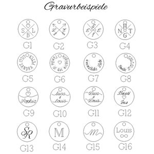May include: A sheet of paper with 16 different circle designs for engraving. Each circle has a different design, including hearts, initials, and words. The designs are labeled G1 through G16.