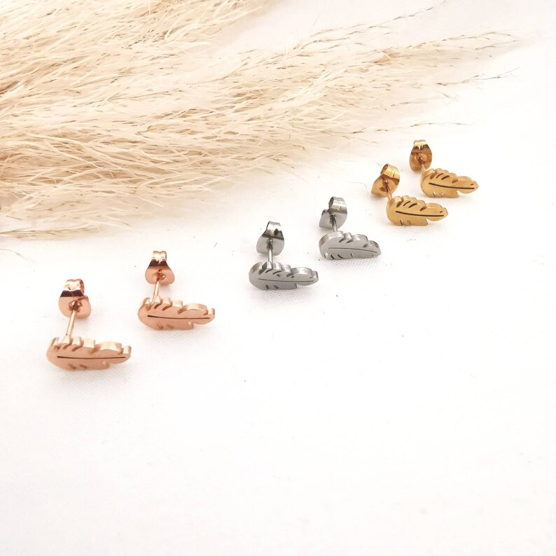 mini stud earrings silver feather earrings gold Feather earrings in stainless steel in gold silver ros\u00e9 1 pair ros\u00e9 stud earrings small