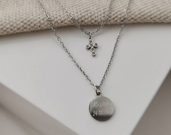 Multi-row, personalized plate necklace with zirconia cross in gold & silver made of stainless steel, personalized baptism gift