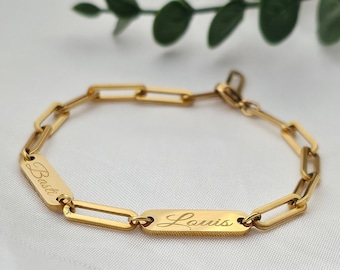 Bracelet chunky personnalisé en or, argent, rose | Bracelet prénom avec plaques gravées | cadeau personnalisé | bracelet à maillons bruts