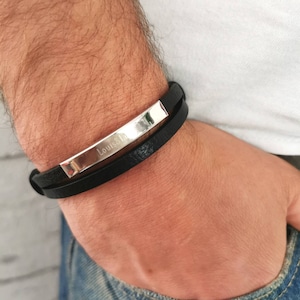 Personalized men&#39;s bracelet, men&#39;s bracelet leather + stainless steel, engraved bracelet, men&#39;s bracelet with engraving, gift for dad, Father&#39;s Day gift