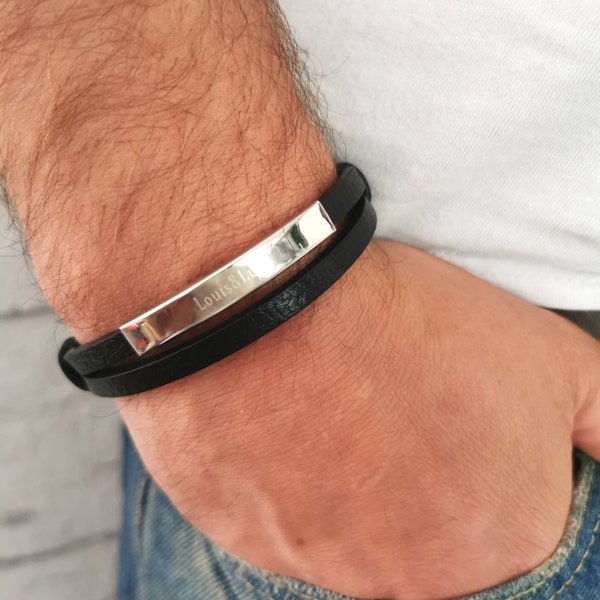 Personalisiertes Männer Armband,Herren Armband Leder+Edelstahl,Gravur Armband,Herren Armband mit Gravur,Geschenk für Papa,Vatertagsgeschenk