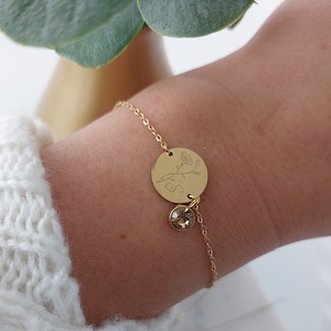 Personalized birthstone bracelet in gold, silver, rose with 13 mm engraving plate, personalized gift for mom, women, girlfriend