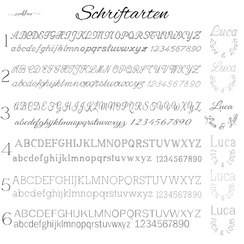 May include: A graphic showing six different font styles, labeled 1 through 6. Each font style shows the alphabet in uppercase and lowercase letters, as well as the numbers 1 through 9 and 0. The graphic also includes the name "Luca" in a circular design.