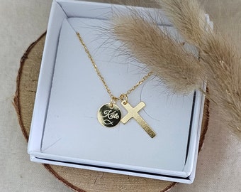 Personalisierte Kreuz Kette mit Gravur Plättchen Anhänger in Gold,Silber,Rosé aus 925 Sterling Silber,Geschenk Taufe, Konfirmation,Hochzeit