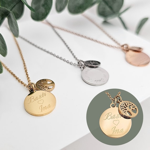 Lebensbaum Kette mit Gravur Anhänger, Buchstaben Kette, personalisiertes Geschenk, Namenskette, Lebensbaum Kette Gold, Silber, Rosé