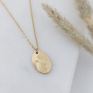 Personalized birth flower necklace in gold, silver, rose with oval 13 x 9 mm plate pendants, personalized gift for women, girlfriend