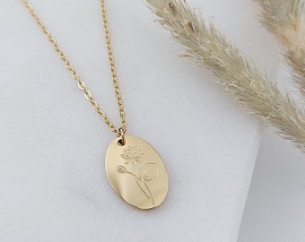 Personalized birth flower necklace in gold, silver, rose with oval 13 x 9 mm plate pendants, personalized gift for women, girlfriends