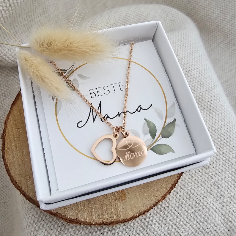 Herzkette personalisiert Muttertagsgeschenk Damen Halskette Gold Silber Rosé Geschenk für Mama Geschenkkarte Geschenkverpackung Bild 1
