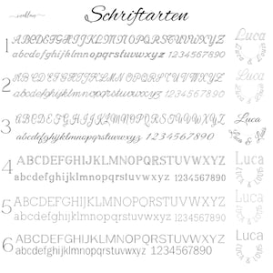 May include: A graphic showing six different font styles, labeled 1 through 6. Each font style shows the alphabet in uppercase and lowercase letters, as well as the numbers 1 through 9 and 0. The graphic also includes the name "Luca" in a circular design.