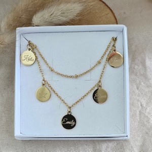 Corrente de prato personalizada ouro, prata, rosa | Corrente familiar multifileira | Presente personalizado | Corrente de duas fileiras com gravação
