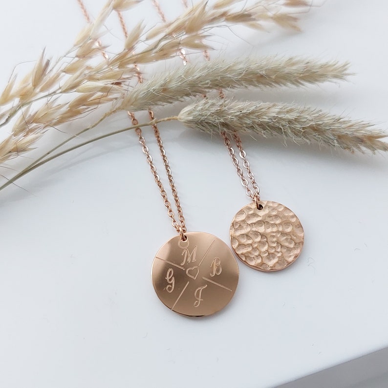Personalized necklace with hammered engraving pendant in gold, silver or rose made of stainless steel, personalized gift for women image 4