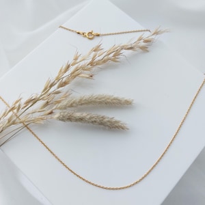 May include: A delicate gold-colored necklace with a fine chain and clasp, displayed on a white surface. The necklace is accompanied by dried beige ornamental grass, creating a minimalist and elegant aesthetic. The chain appears to be approximately 18 inches long.