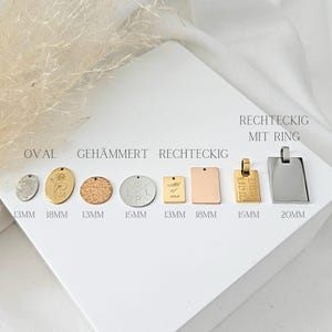 May include: Assortment of metal tags in various shapes and sizes, including oval, hammered round, and rectangular. The tags are made of silver, gold, and rose gold. The tags are labelled with their dimensions in millimetres.