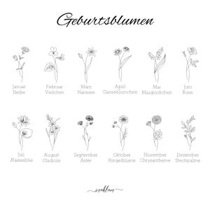 May include: A black and white line drawing illustration of flowers representing the birth month flowers. The flowers are labelled with the German names for the months and the flowers. The text "Geburtsblumen" is at the top of the image.