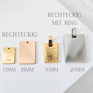 May include: Four rectangular metal tags in different sizes and finishes. The tags are 13mm, 18mm, 15mm, and 20mm in size. The tags are gold, rose gold, and silver. The text "RECHTECKIG MIT RING" is printed at the top of the image.