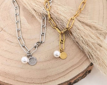 Grobe Gliederkette in Gold oder Silber aus Edelstahl mit einem Perlen Anhänger oder einem personalisierten Gravur Plättchen, Geschenk