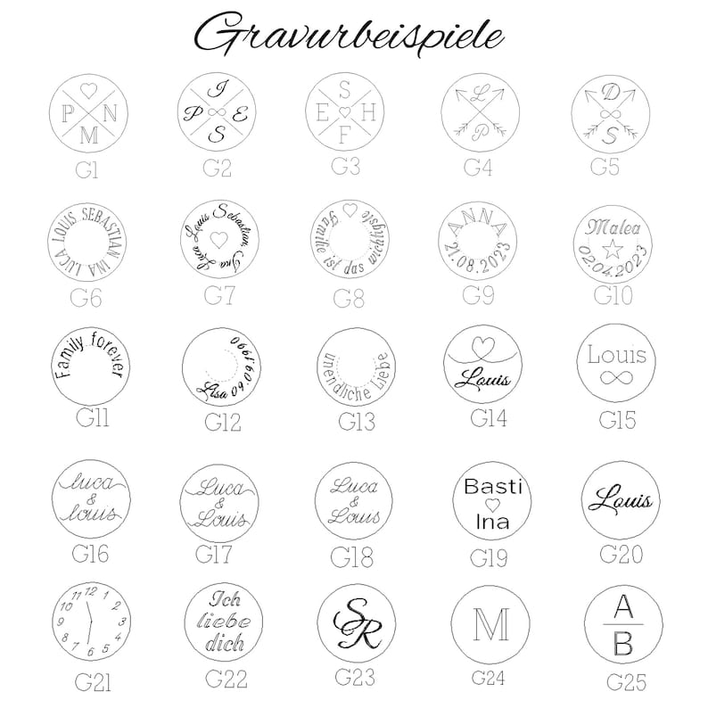 K&ouml;nnte beinhalten: Ein Schwarzwei&szlig;bild mit 25 verschiedenen Beispielen f&uuml;r Gravurdesigns f&uuml;r Schmuck. Die Designs beinhalten Namen, Daten, Symbole und kurze S&auml;tze.