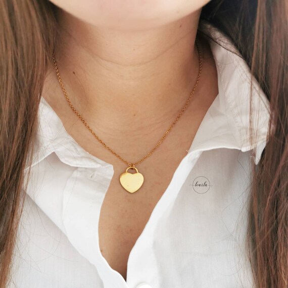 Damen Halskette mit großem Herz und Schlüssel Anhänger Kette Heart vergoldet