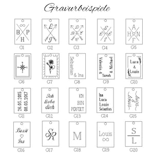 May include: A black and white image displaying 20 different engraving design examples for personalised gifts. The designs include initials, dates, symbols, and text. The designs are labelled with numbers G1 through G20.
