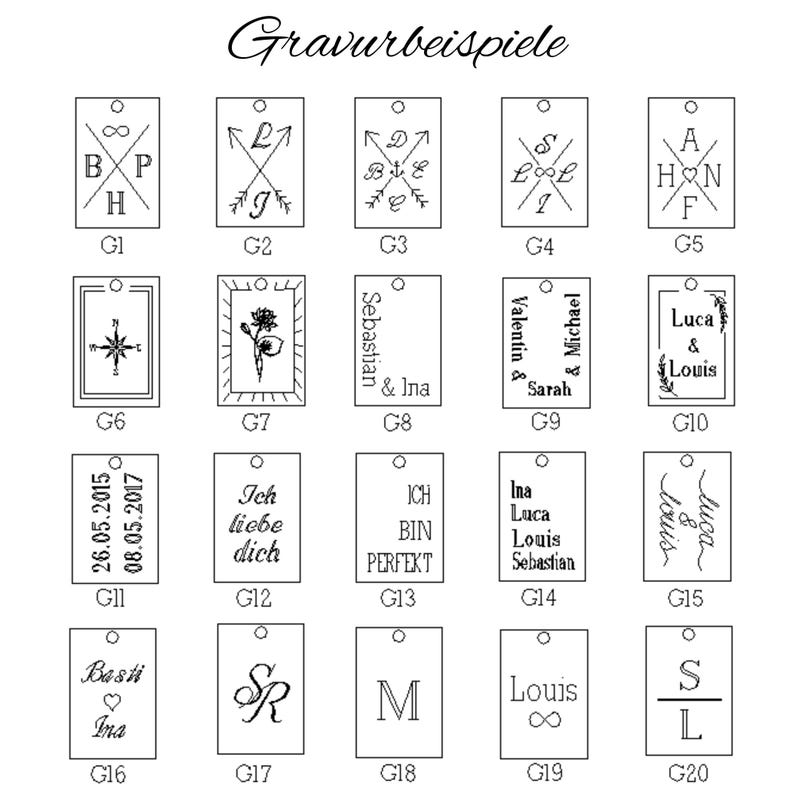 May include: A black and white image displaying 20 different engraving design examples for personalised gifts. The designs include initials, dates, symbols, and text. The designs are labelled with numbers G1 through G20.