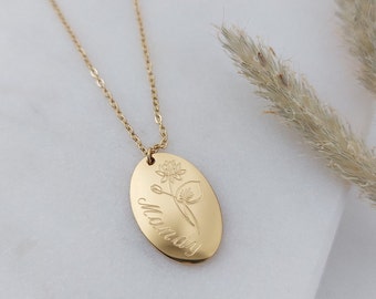 Personalized birth flower necklace in gold, silver, rose with oval 18 mm plate pendants, personalized gift for women, girlfriend