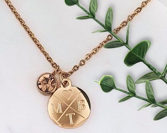 Personalized birthstone necklace in gold, silver, rose gold with 12 mm engraved disc pendant, personalized gift, personalized jewelry