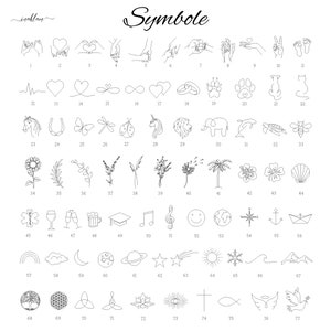 May include: A black and white line art image with 77 different symbols. The symbols include hearts, infinity signs, animals, flowers, and more. The symbols are numbered 1 through 77.