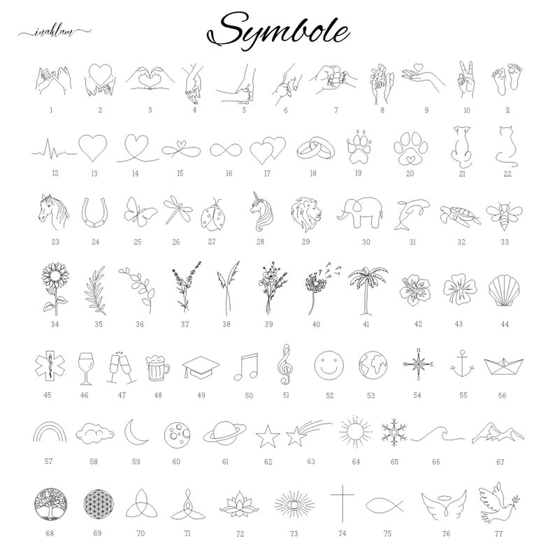 May include: A black and white line art image with 77 different symbols. The symbols include hearts, infinity signs, animals, flowers, and more. The symbols are numbered 1 through 77.