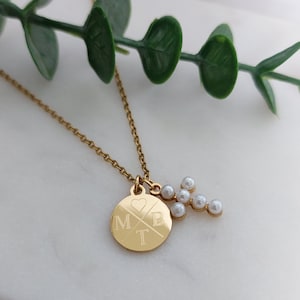 Necklace with pearl cross personalized engraving pendant in gold gift for baptism, communion, confirmation wedding gift waterproof image 4