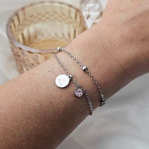 Multi-row bracelet with engraving plate and birthstone, ball bracelet made of stainless steel in silver or gold, personalized gift