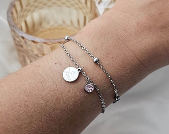 Bracelet multi-rangs avec plaque gravée et pierre de naissance, bracelet boule en acier inoxydable argenté ou doré, cadeau personnalisé