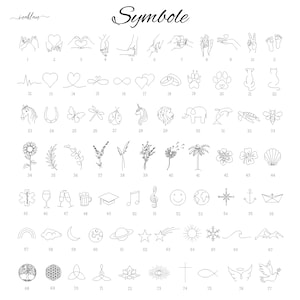 May include: A black and white line art image with 77 different symbols. The symbols include hearts, infinity signs, animals, flowers, and more. The symbols are numbered 1 through 77.