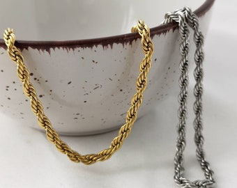 Kordelkette in Gold oder Silber aus Edelstahl,Kordel Halskette 4mm dick,gedrehte Kette,Geschenk für Frauen,Damen Schmuck,Personalisierbar