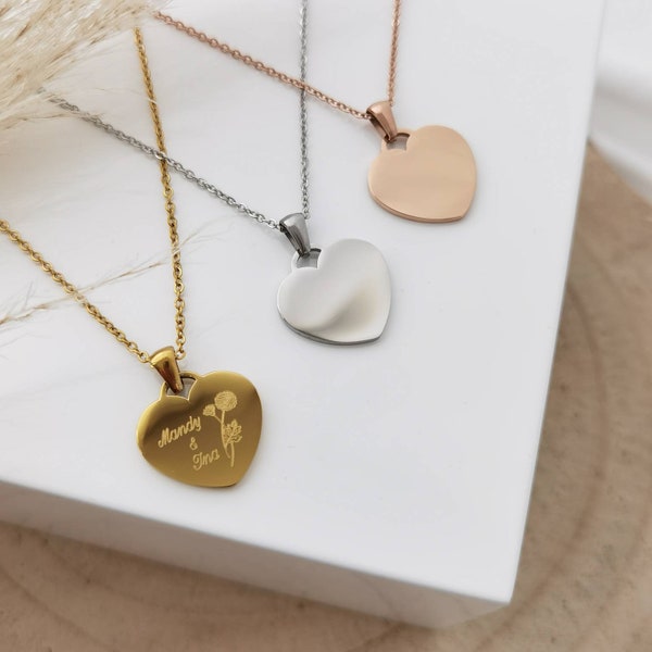 Herz Kette personalisiert mit Gravur Plättchen in Gold, Silber & Rosé, Kette mit Herz Anhänger personalisiert als Geschenk, Halskette Gold